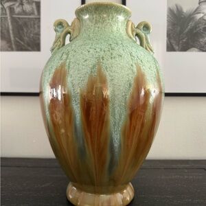 Vintage Amphora Style Stoneware Vase – Green and Brown – Ear Handle Pottery